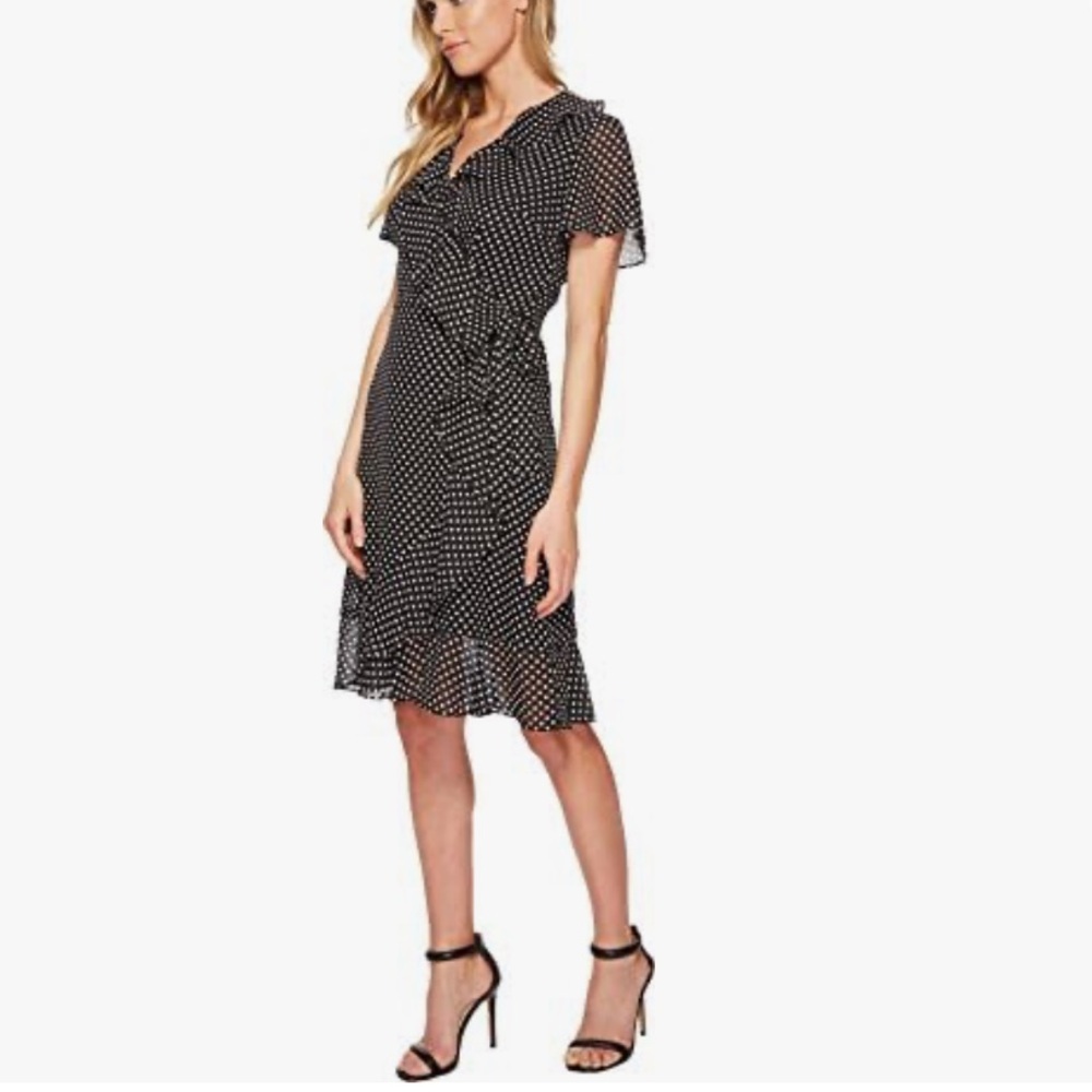 Tahari by Arthur S. Levine Women's Short Sleeve Polka Dot Dress Ruffle Detail 4P
